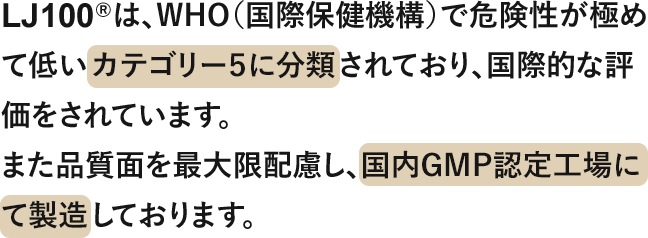 LJ100®は、WHO（国際保健機構）で危険性が極めて低いカテゴリー５に分類されており、国際的な評価をされています。 