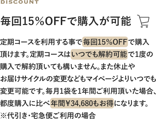 毎回15％OFFで購入が可能